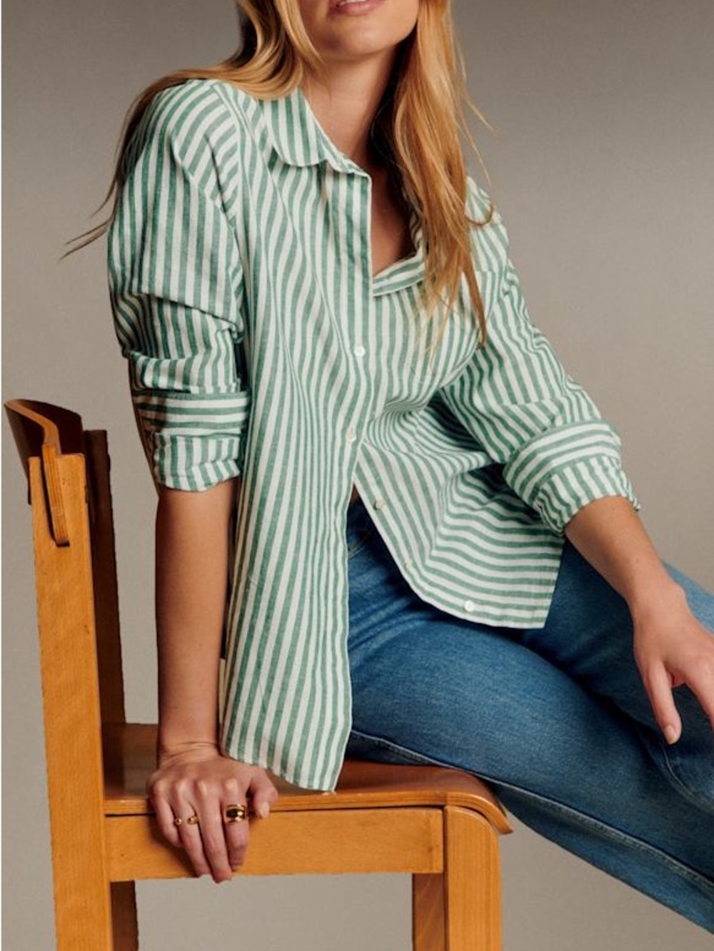 Sezane Tomboy Shirt in Ecru Green Stripe